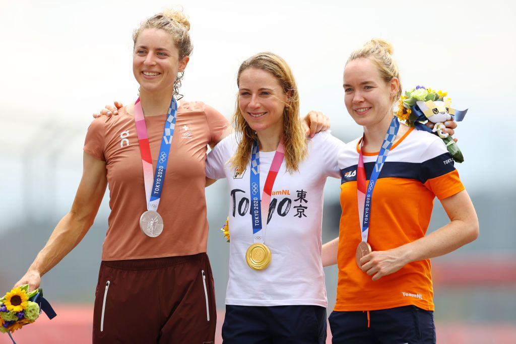 OYAMA JAPAN JULY 28 LR Silver medalist Marlen Reusser of Team Switzerland gold medalist Annemiek van Vleuten of Team Netherlands and bronze medalist Anna van der Breggen of Team Netherlands pose on the podium during the medal ceremony after the Womens Individual time trial on day five of the Tokyo 2020 Olympic Games at Fuji International Speedway on July 28 2021 in Oyama Shizuoka Japan Photo by Tim de WaeleGetty Images