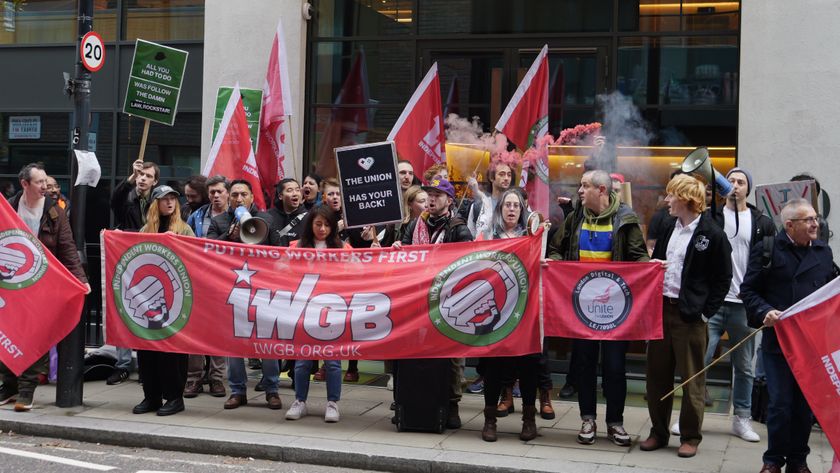 Protestors with an IWGB banner outside Take-Two&#039;s London office.