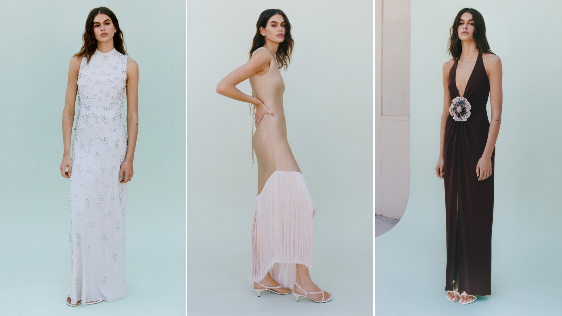 split image of Kaia Gerber wearing mango Long Dress With Embroidered Spheres, mango, Asymmetrical Satin Dress With Fringes mango Halter Dress With Flower Detail on light blue background