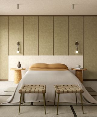 A simple Japandi style bedroom with textured suede wallpaper from Arte