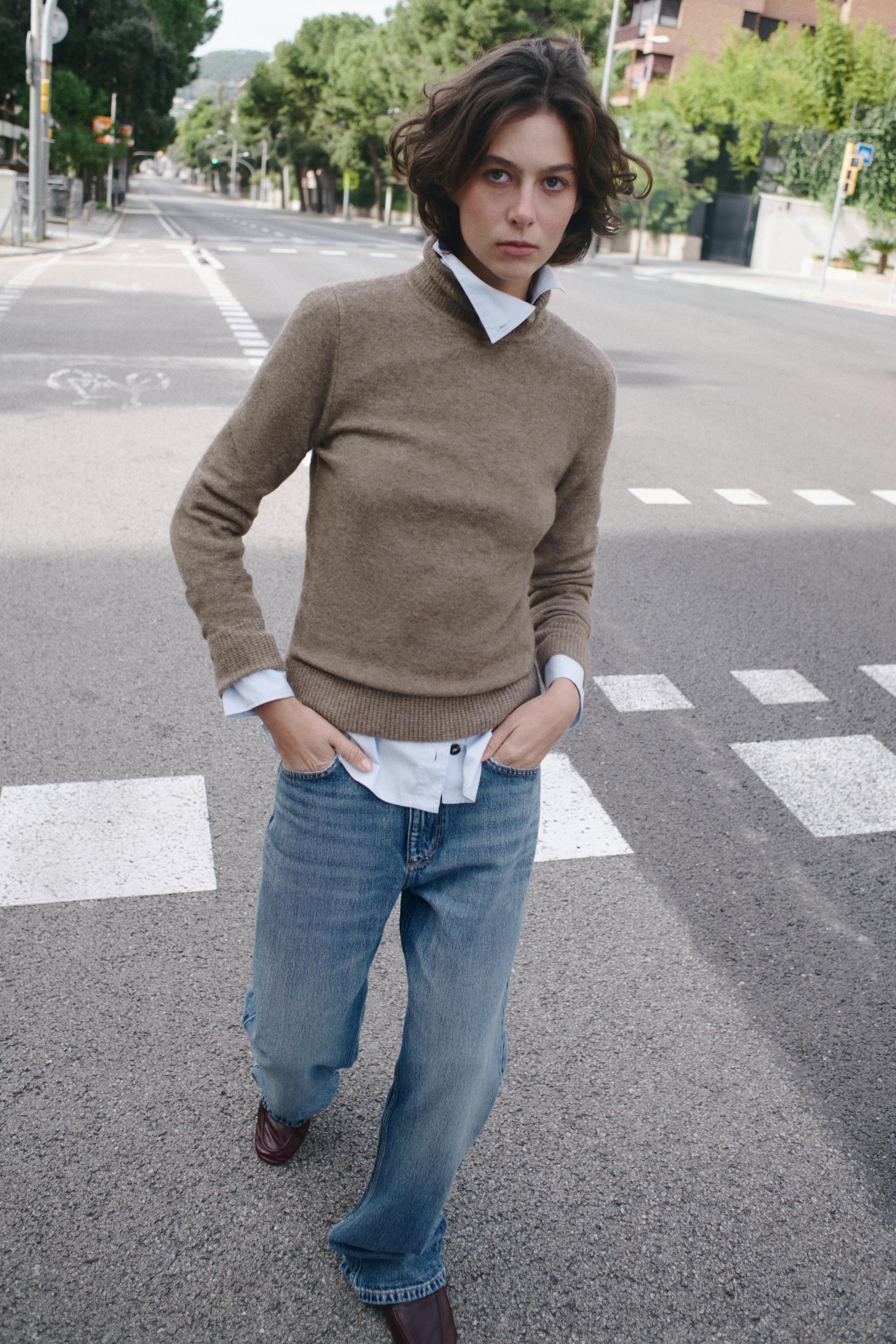 Button Knit High-Neck Sweater - Taupe Brown - S