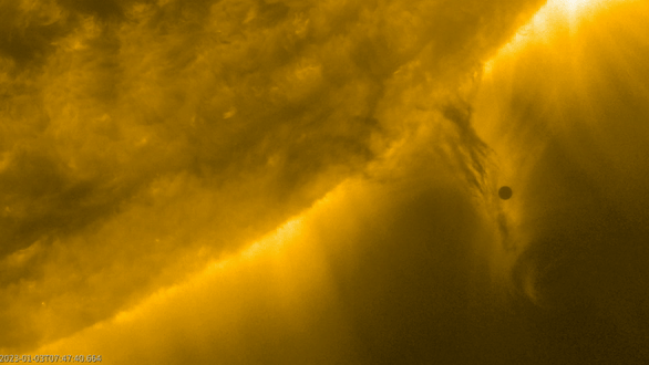 Mercury crossing in front of the sun's disk as seen by the Solar Orbiter's Extreme Ultraviolet Imager.