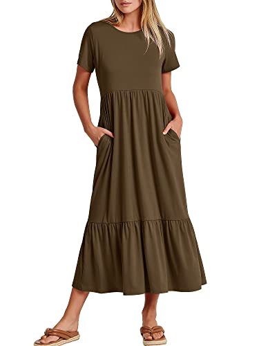Anrabess Womens 2025 Summer Casual Maxi Dress a Line Tiered Flowy Short Sleeve Crewneck T Shirt Beach Travel Long Dresses Xx-Large Coffee