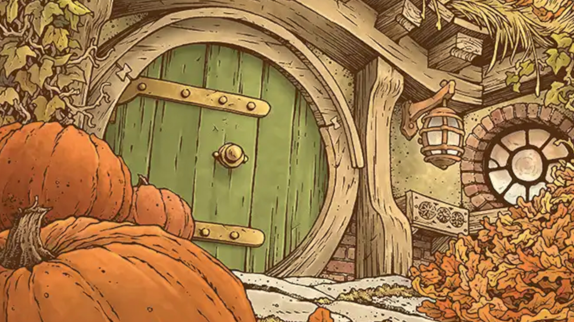 A hobbit hole door with autumnal leaves and pumpkins outside