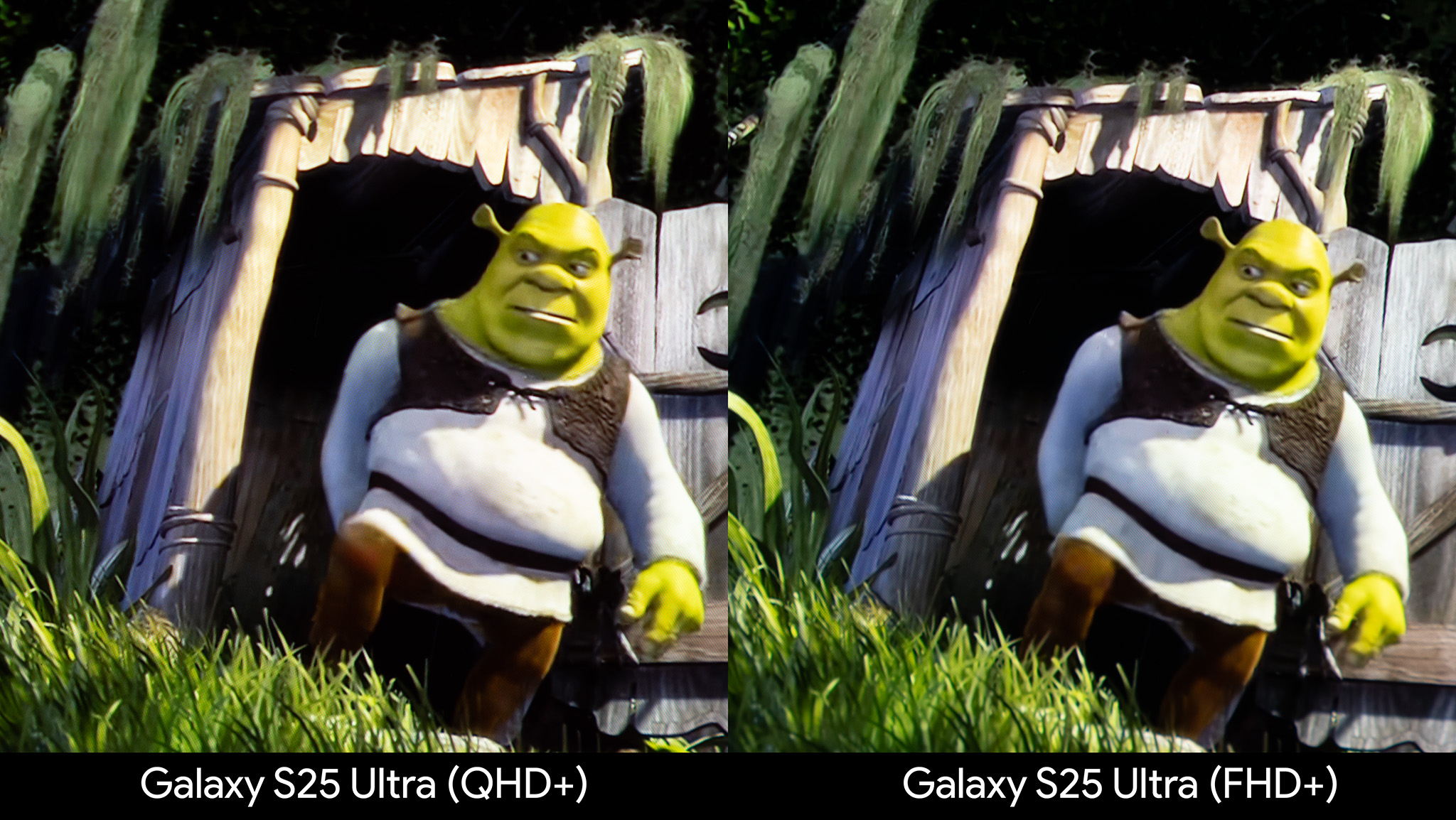 Comparing the visual quality of the movie Shrek at QHD and FHD on a Samsung Galaxy S25 Ultra