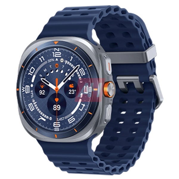 A leaked render of the next Galaxy Watch Ultra in blue with a rugged strap and a large squircle design.