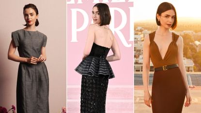 Lily Collins in outfits for her Emily in Paris press tour including strapless dresses and YSL sets