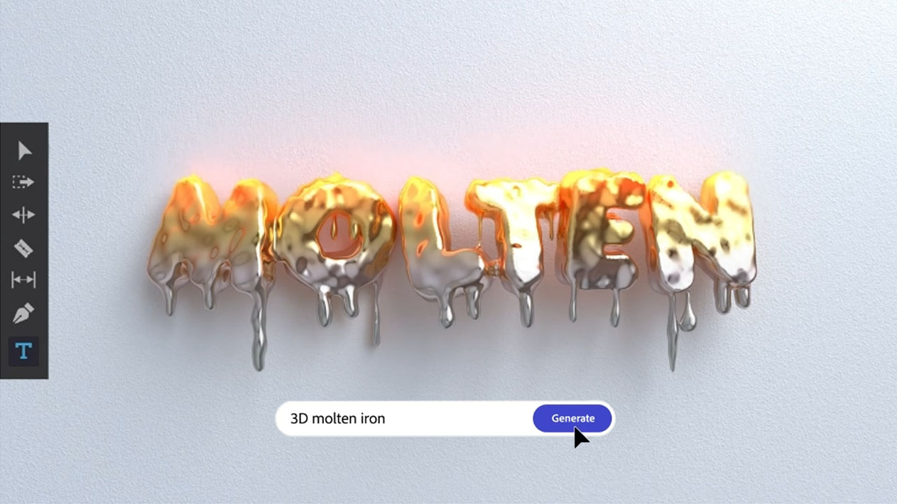 Adobe Firefly 3D-Texteffekt aus geschmolzenem Eisen.