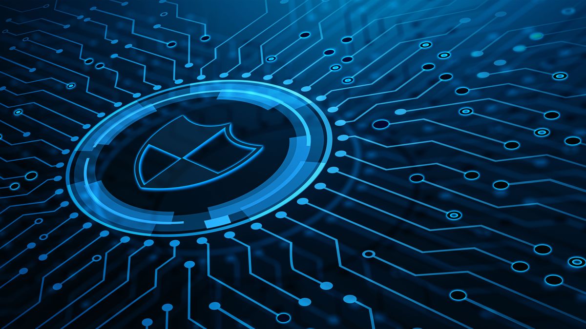 Cyber security visualisation. A shield icon on a circuit board