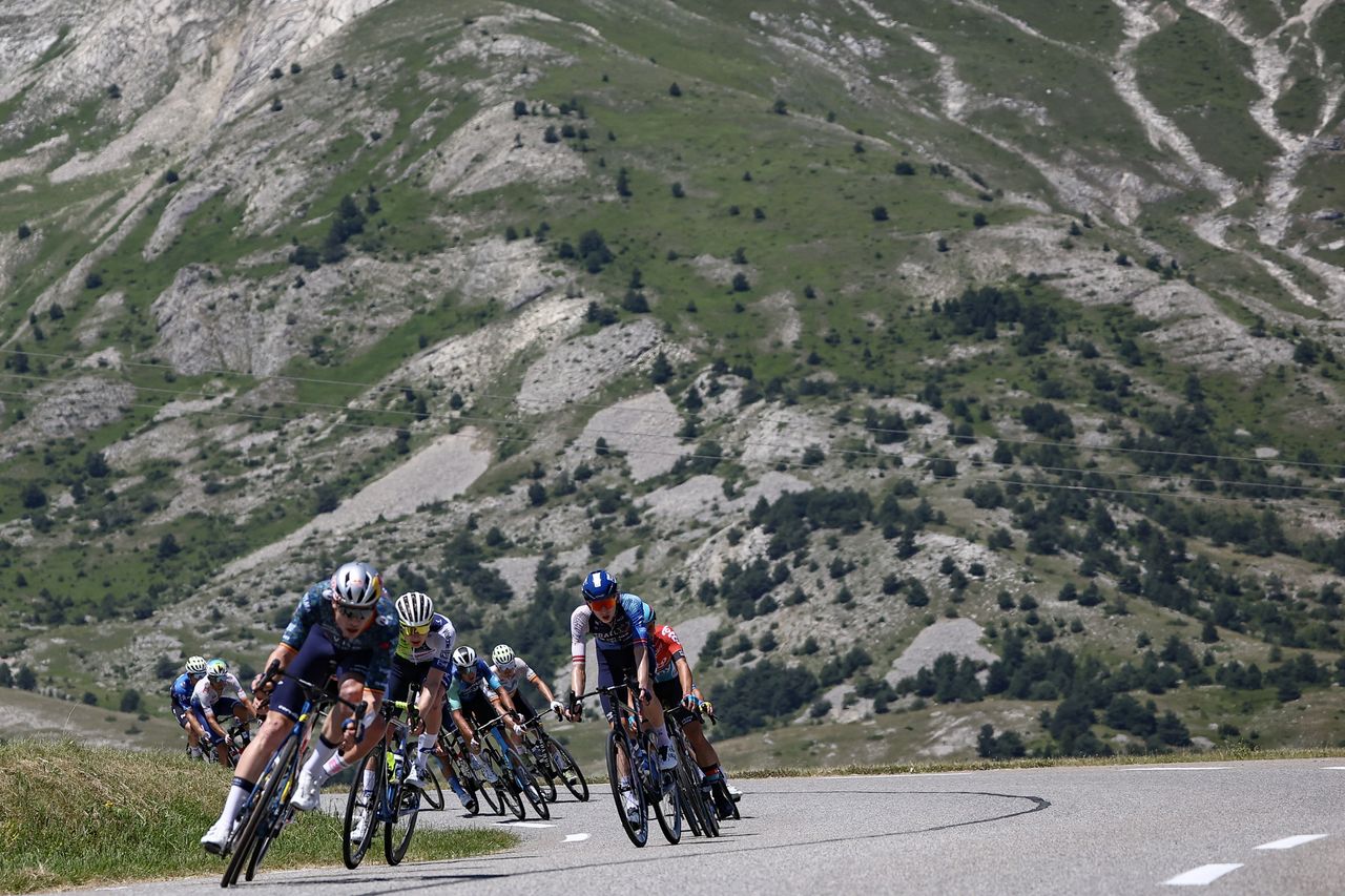 Team Visma - Lease a Bike team's Belgian rider Wout Van Aert, Intermarche - Wanty team's German rider Georg Zimmermann and Israel - Premier Tech team's Latvian rider Krists Neilands lead a breakaway during the 18th stage of the 111th edition of the Tour de France cycling race, 179,5 km between Gap and Barcelonnette, in the French Alps in southeastern France, on July 18, 2024. (Photo by Anne-Christine POUJOULAT / AFP) (Photo by ANNE-CHRISTINE POUJOULAT/AFP via Getty Images)