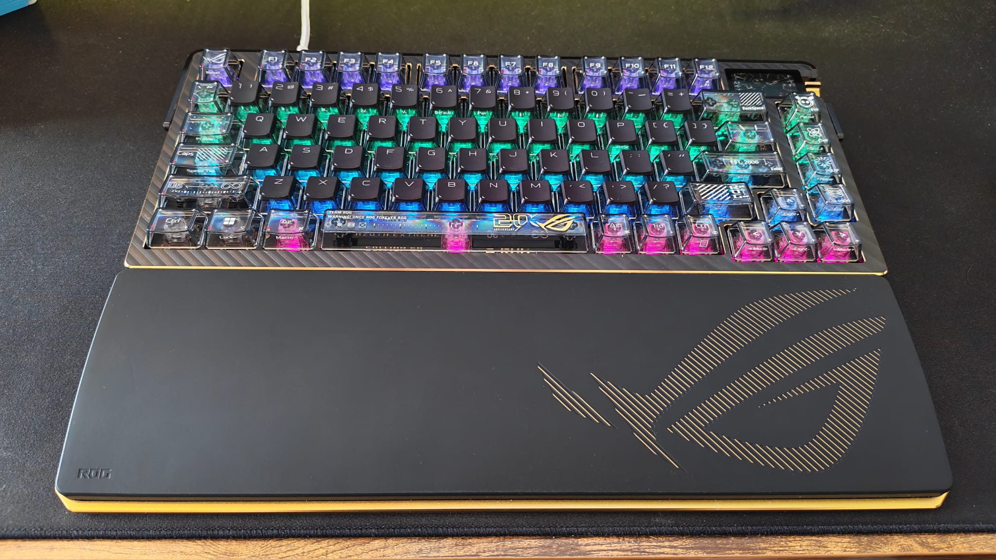 The Asus ROG Azoth Extreme 20 review  with its RGB lighting on 