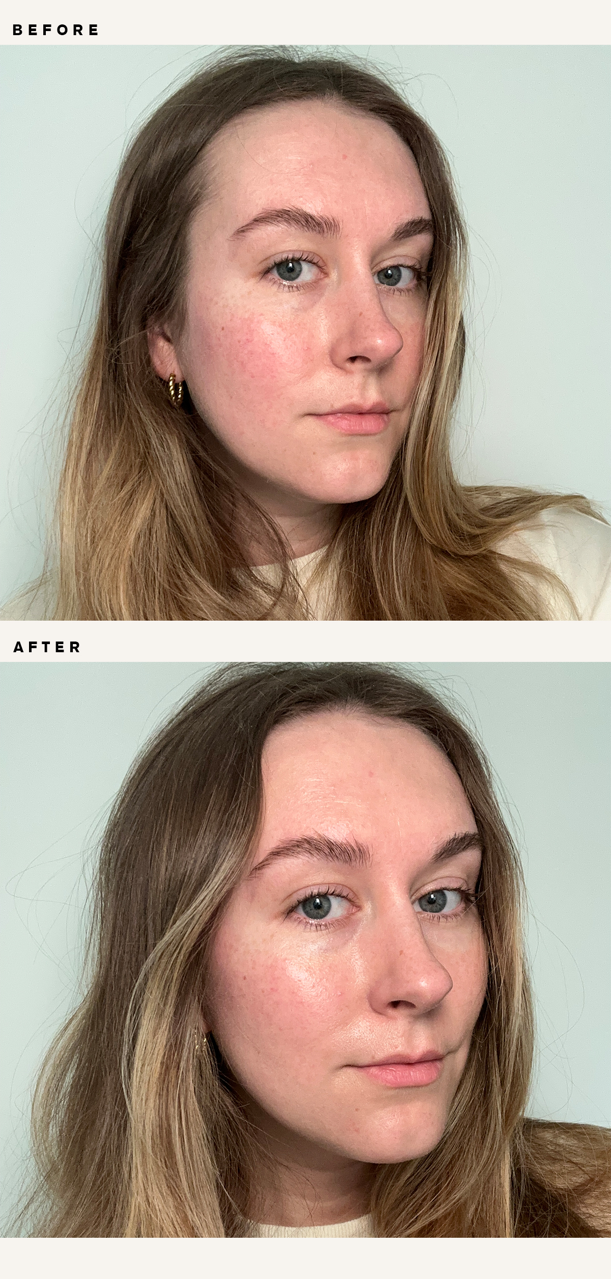 Beauty editor Kaitlyn McLintock before and after sunscreen application