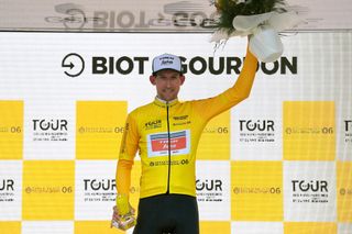 GOURDON FRANCE FEBRUARY 19 Podium Bauke Mollema of Netherlands and Team Trek Segafredo Yellow Leader Jersey celebrate during the 53rd Tour Des Alpes Maritimes Et Du Var Stage 1 a 1868km stage from Biot to Gourdon 698m letour0683 on February 19 2021 in Gourdon France Photo by Luc ClaessenGetty Images