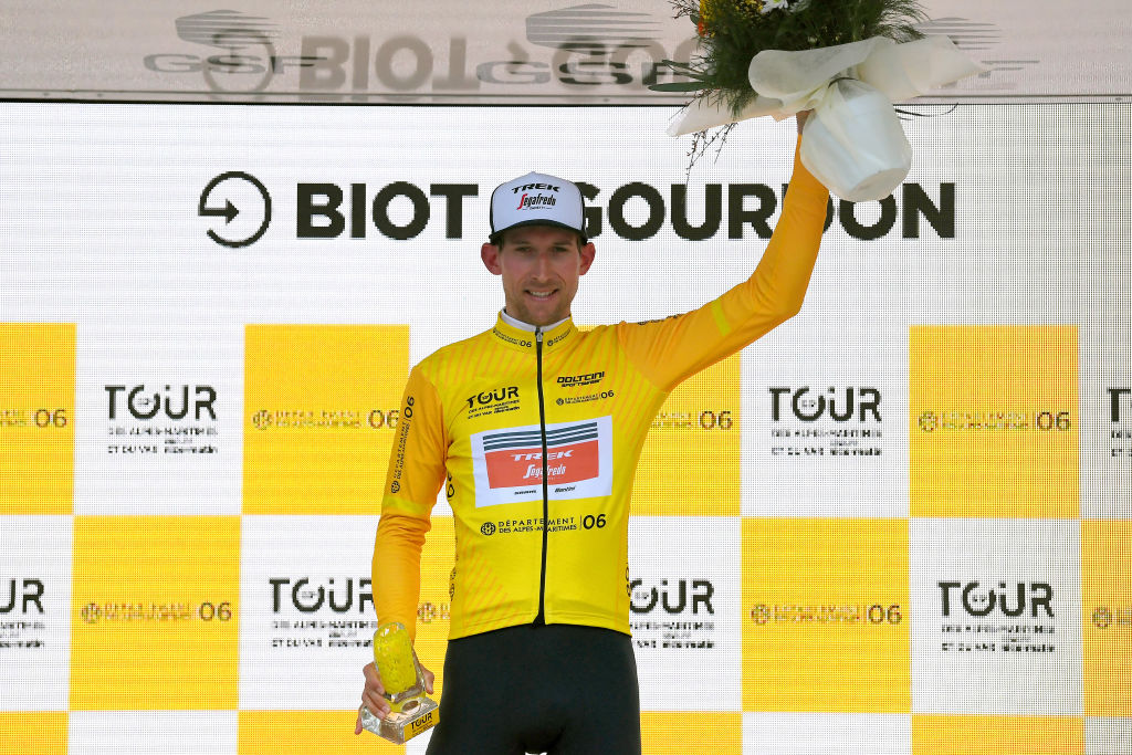 GOURDON FRANCE FEBRUARY 19 Podium Bauke Mollema of Netherlands and Team Trek Segafredo Yellow Leader Jersey celebrate during the 53rd Tour Des Alpes Maritimes Et Du Var Stage 1 a 1868km stage from Biot to Gourdon 698m letour0683 on February 19 2021 in Gourdon France Photo by Luc ClaessenGetty Images