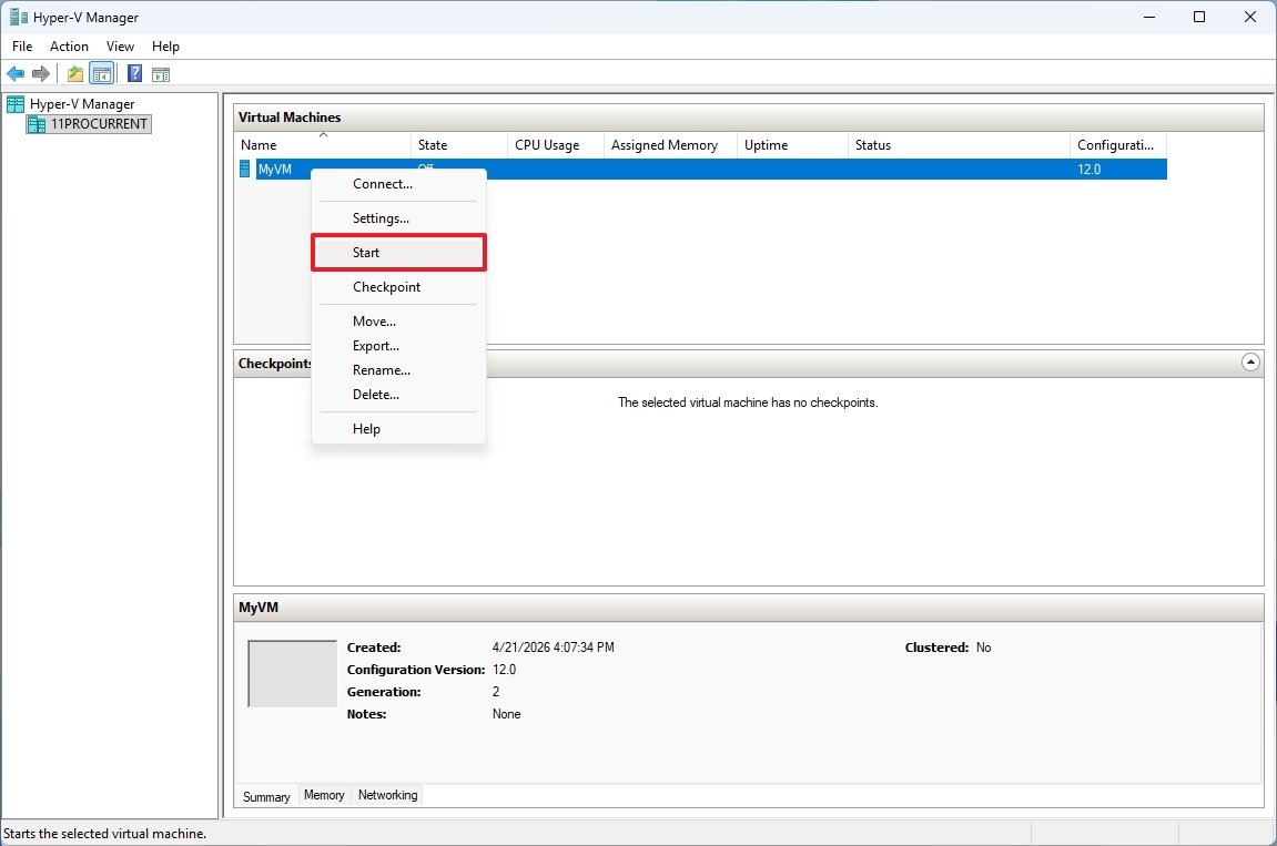 Hyper-V start virtual machine