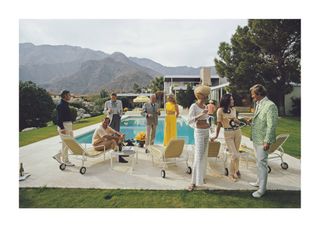 A poolside party at a desert house, designed by Richard Neutra for Edgar J. Kaufmann, in Palm Springs, January 1970. Featured in the group are: industrial designer Raymond Loewy, Nelda Linsk, wife of art dealer Joseph Linsk, and Helen Dzo Dzo