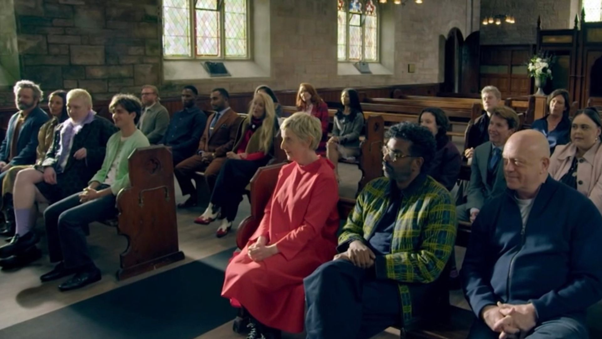 The cast of Celebrity Traitors season 2 sit in church pews