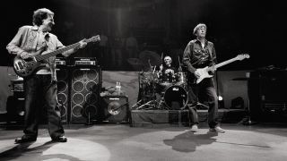Reunion of British rock group Cream at Royal Albert Hall in London on May 3, 2005. Bassist-vocalist Jack Bruce, guitarist-vocalist Eric Clapton, drummer Ginger Baker.