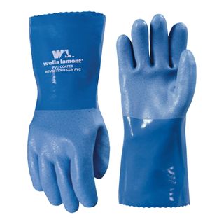 A pair of blue PVC coated rubber gloves