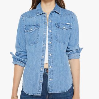 cropped image of a model wearing a denim shirt from Mother