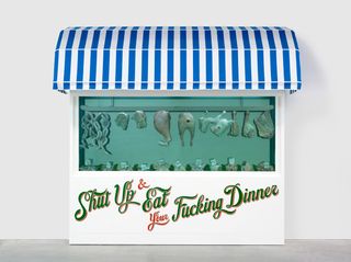 Damien Hirst, Shut Up and Eat Your Fucking Dinner, 1997, Steel, glass, formaldehyde, awning and meat products.