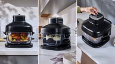 Three images of the Lidl SilverCrest Glass Air Fryer cooking on the counter, seen from the top and from the side