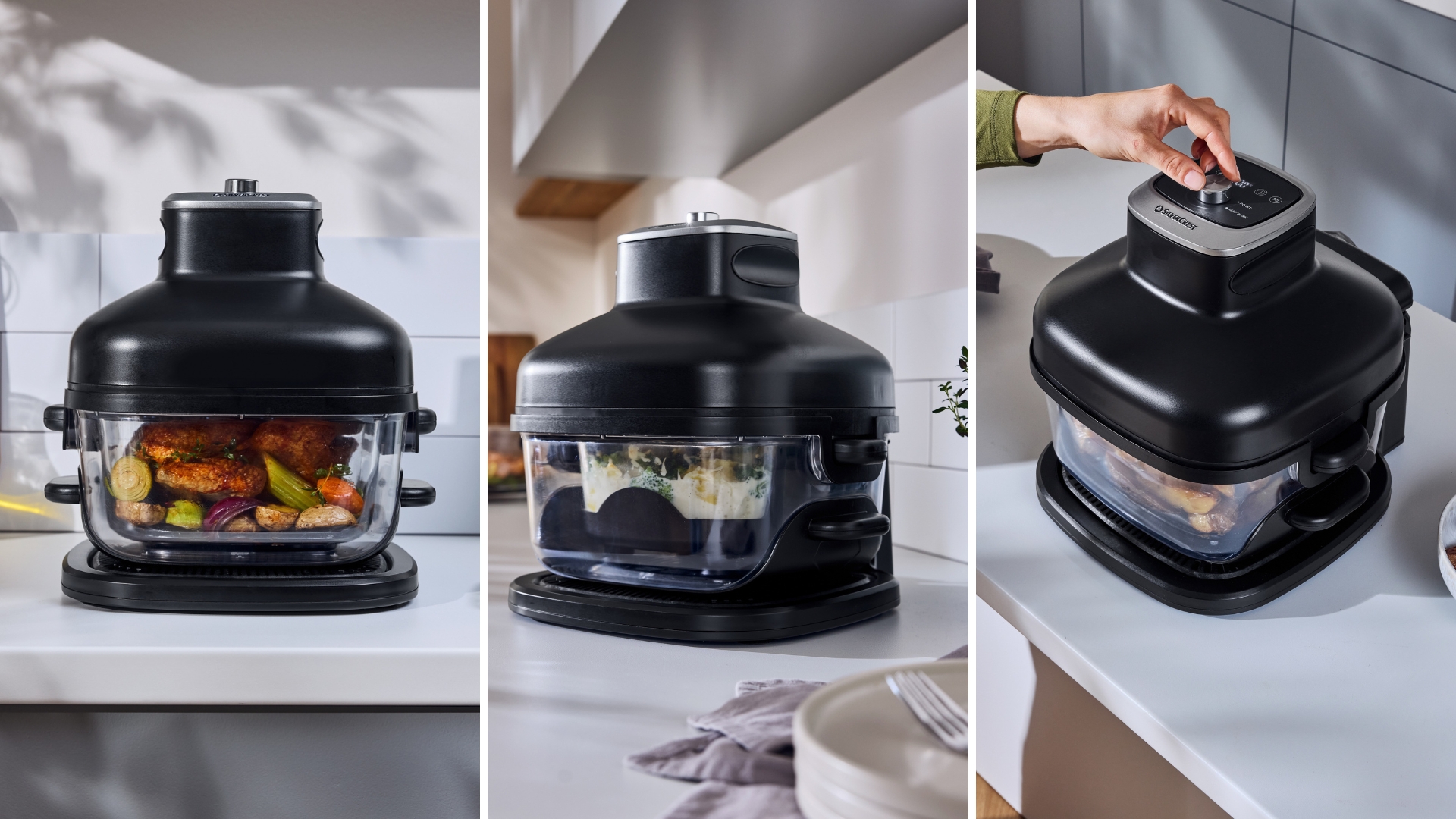 Three images of the Lidl SilverCrest Glass Air Fryer cooking on the counter, seen from the top and from the side