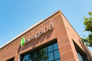 MongoDB logo displayed on an office building in Palo Alto, California