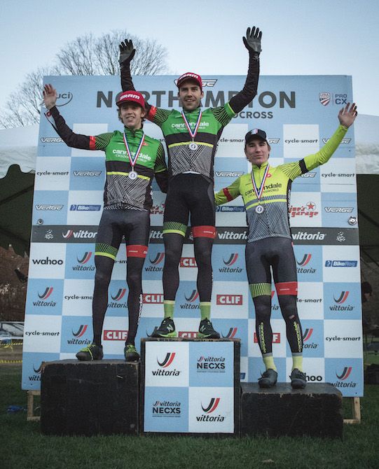 The podium for day 2 of the 2018 NohoCX (l to r): Spencer Petrov, winner Curtis White, Sam Noel