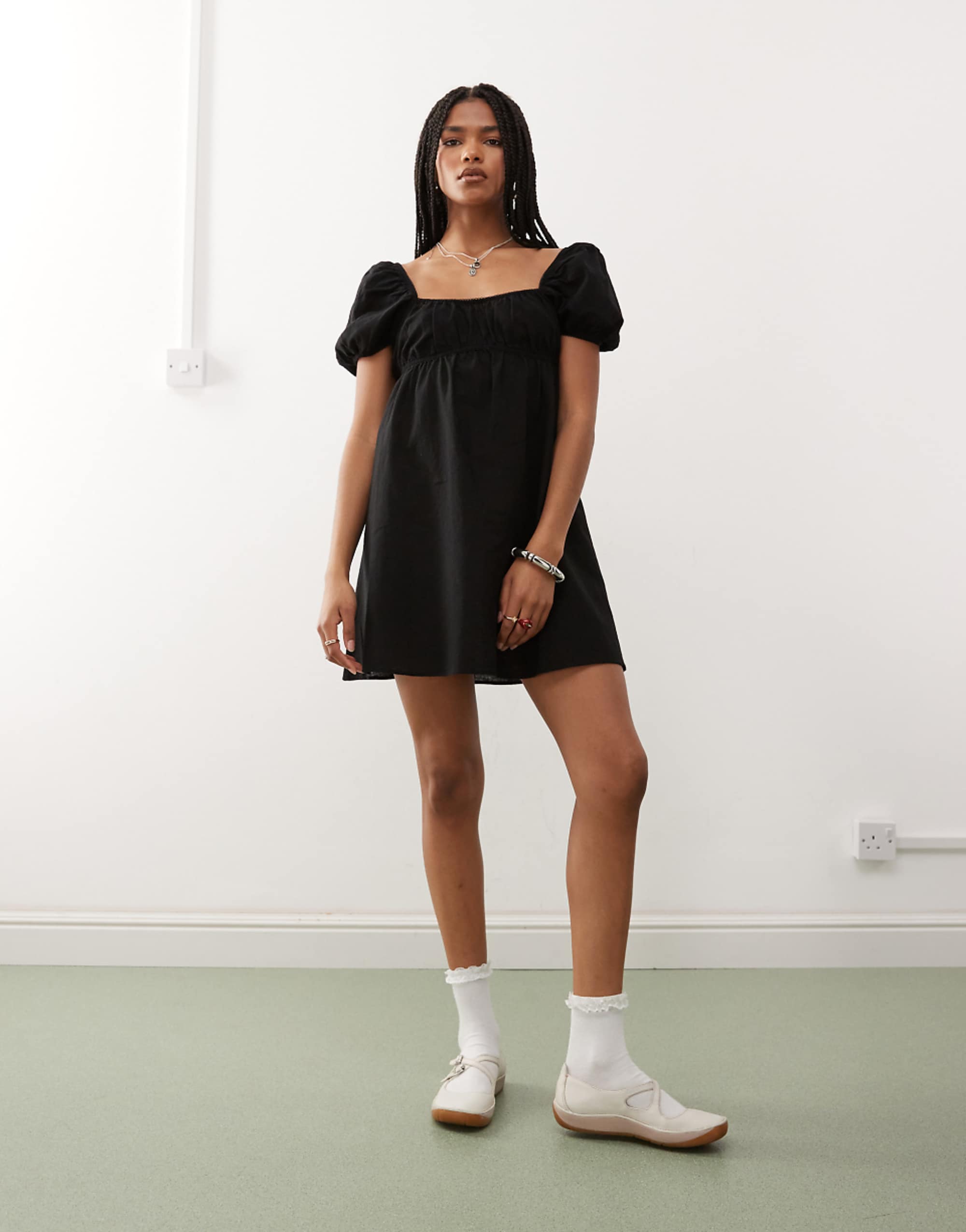 Monki Linen Mini Dress With Puff Sleeves in Black - Exclusive to Asos