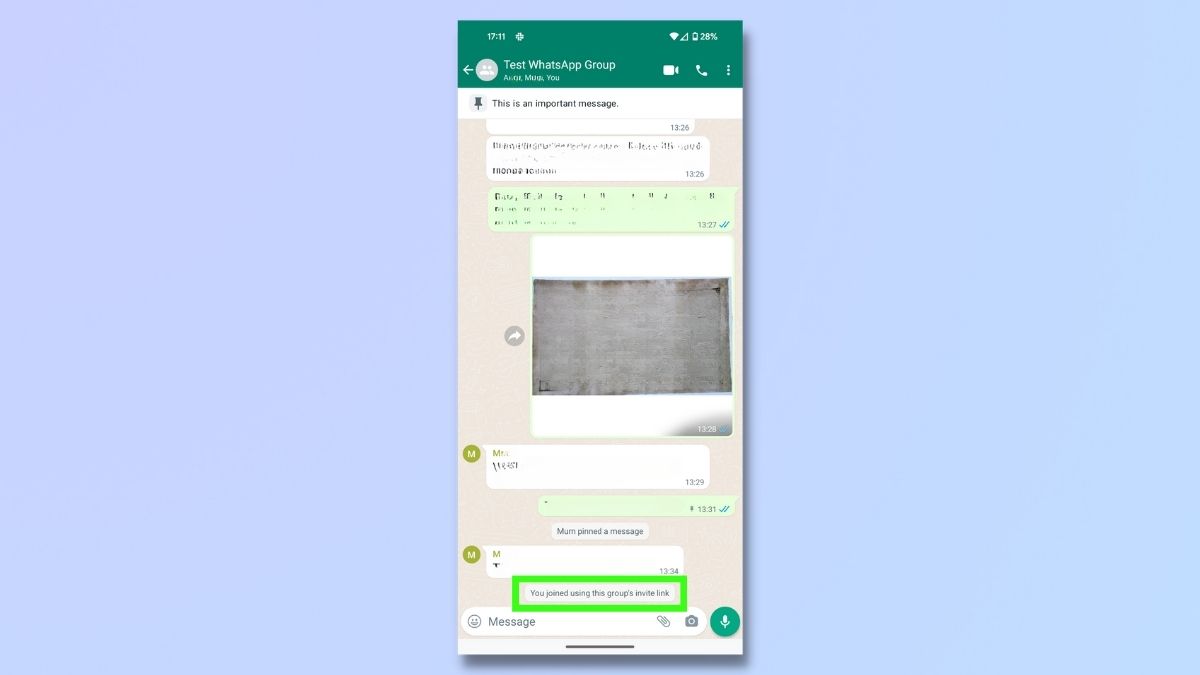 screenshot showing how to rejoin a group chat on WhatsApp - check you're back in