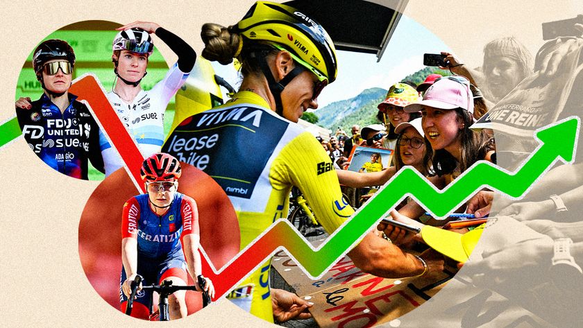 Collage graphic of female cyclists and races, overlayed with a graph graphic