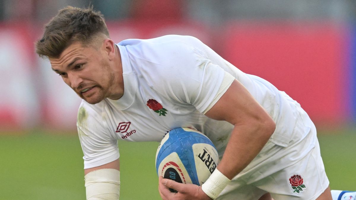 England&#039;s centre Henry Slade is tackled ahead of the Scotland vs England Six Nations 2024 Calcutta Cup clash