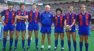 Diego Maradona (third from the right) is presented at Camp Nou alongside the club's other new players in July 1982.