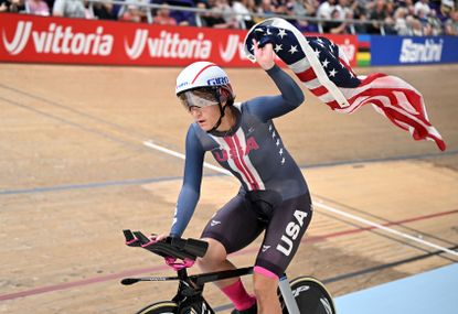 Chloe Dygert with an american flag