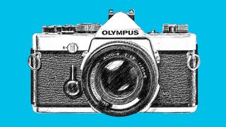LIne drawing of Olympus OM-1 35mm SLR camera on blue background
