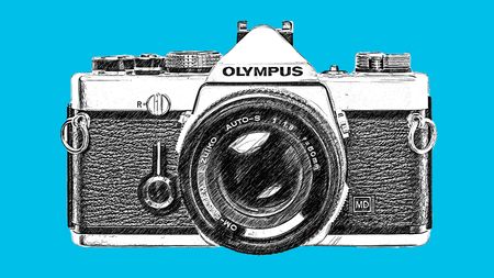 LIne drawing of Olympus OM-1 35mm SLR camera on blue background