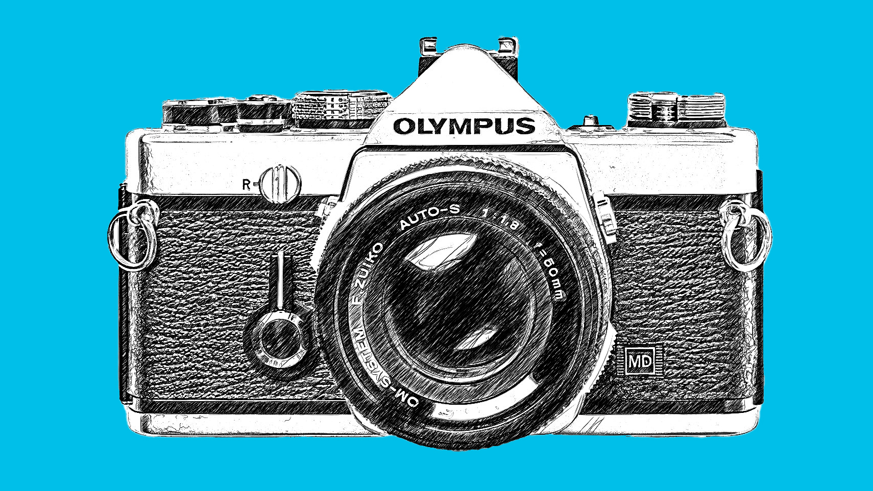 LIne drawing of Olympus OM-1 35mm SLR camera on blue background