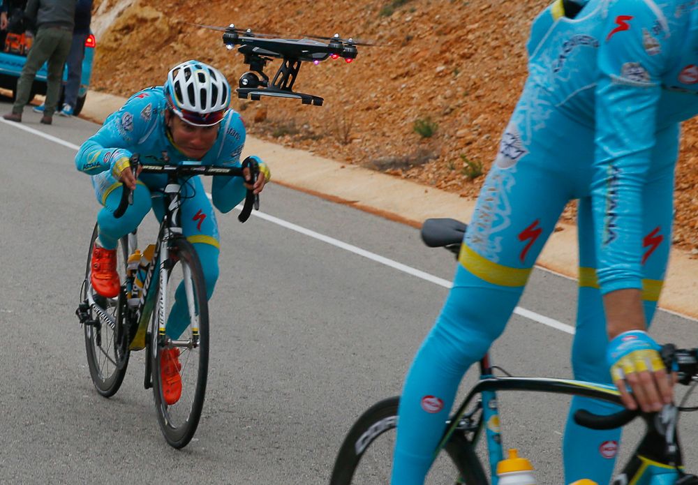 Andrey Zeits ducks to avoid the drone