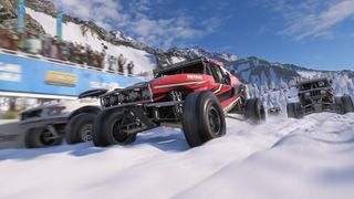 Forza Horizon 6 launch time date: Three jeeps racing through snow.