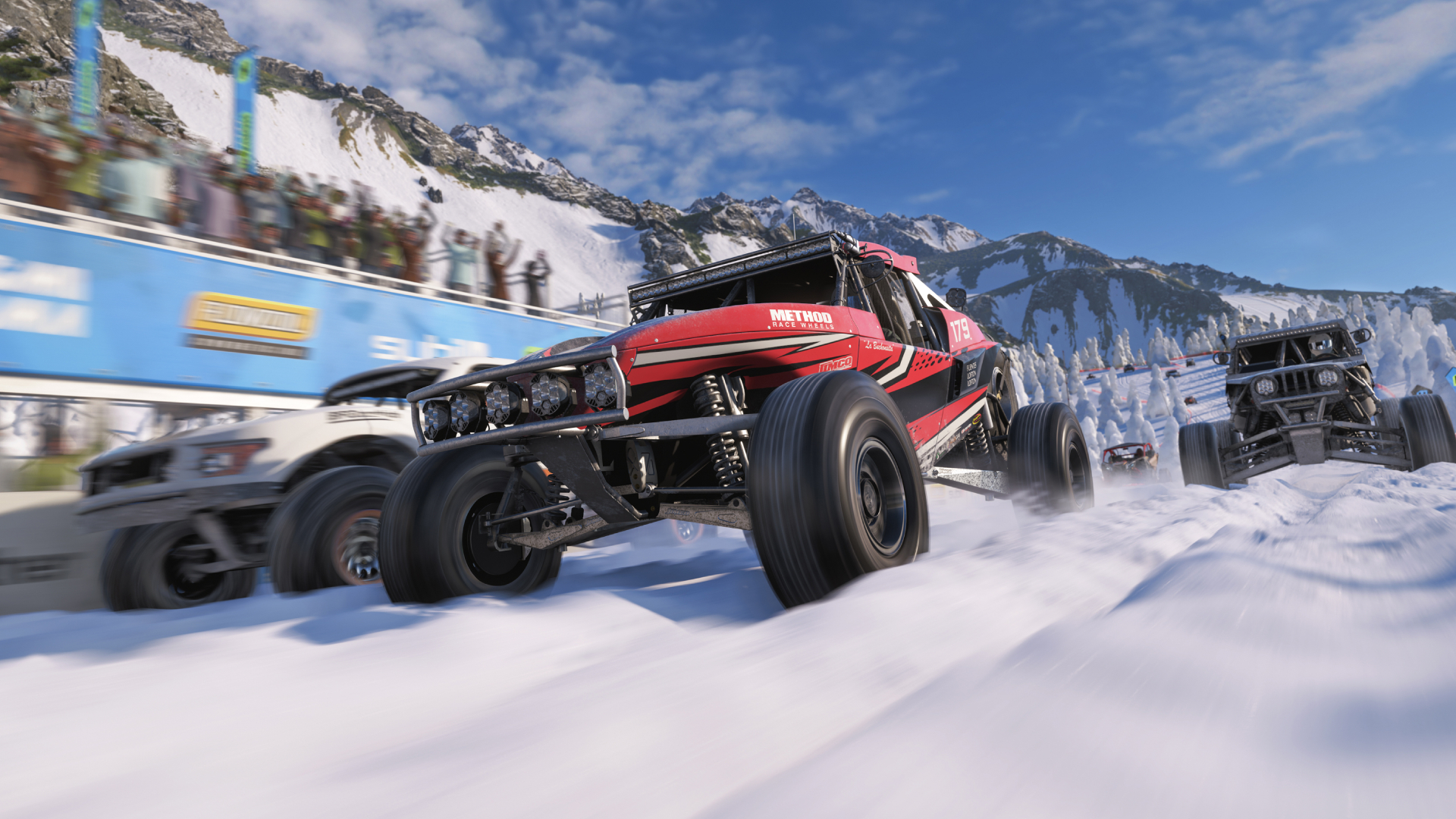 Forza Horizon 6 launch time date: Three jeeps racing through snow.