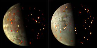 Hotspots accross the surface of Io as seen by Juno's JIRAM instrument on 12/14/2022/ (left) and 03/01/2023 (right)