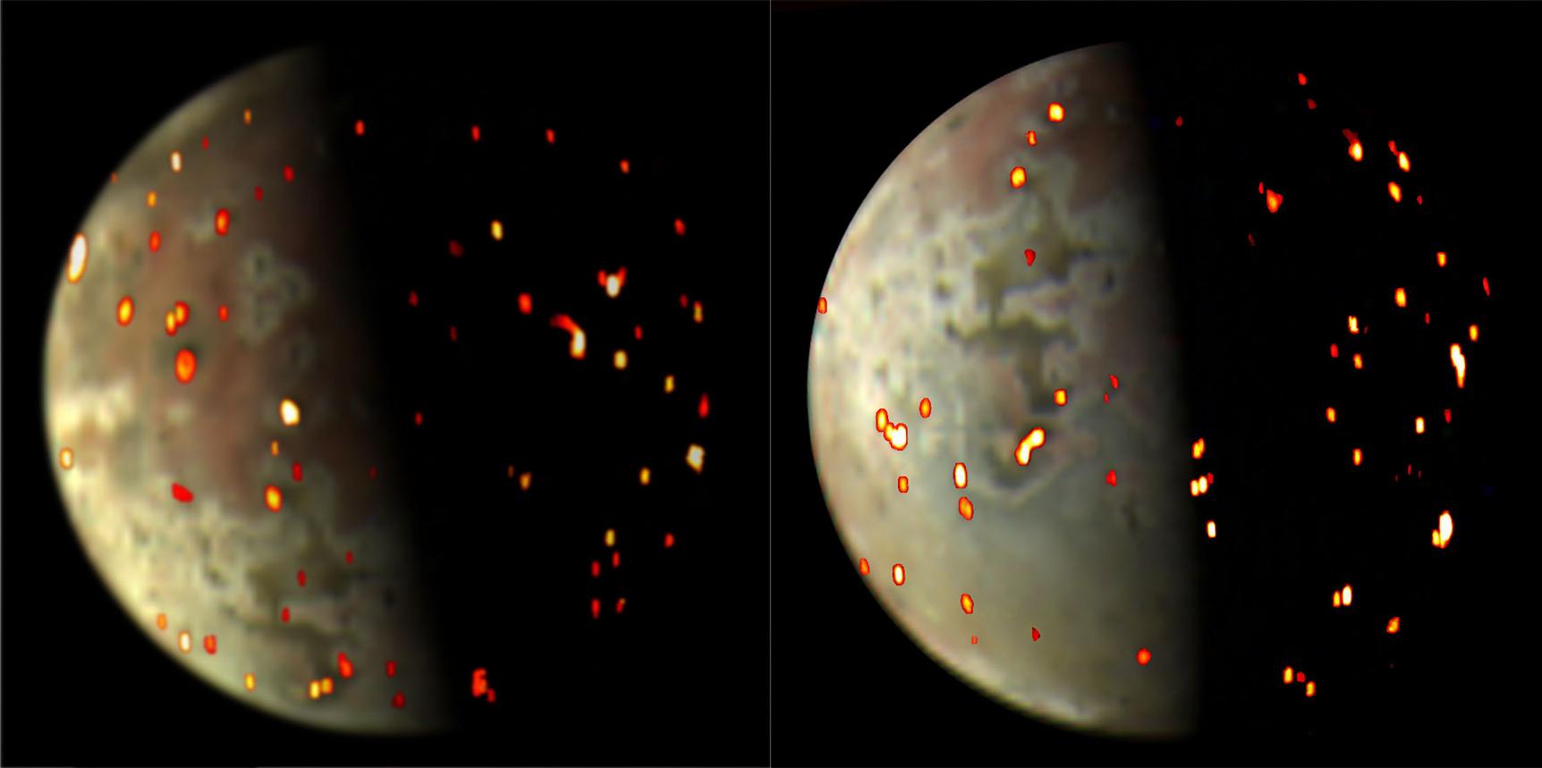 Hotspots accross the surface of Io as seen by Juno's JIRAM instrument on 12/14/2022/ (left) and 03/01/2023 (right)