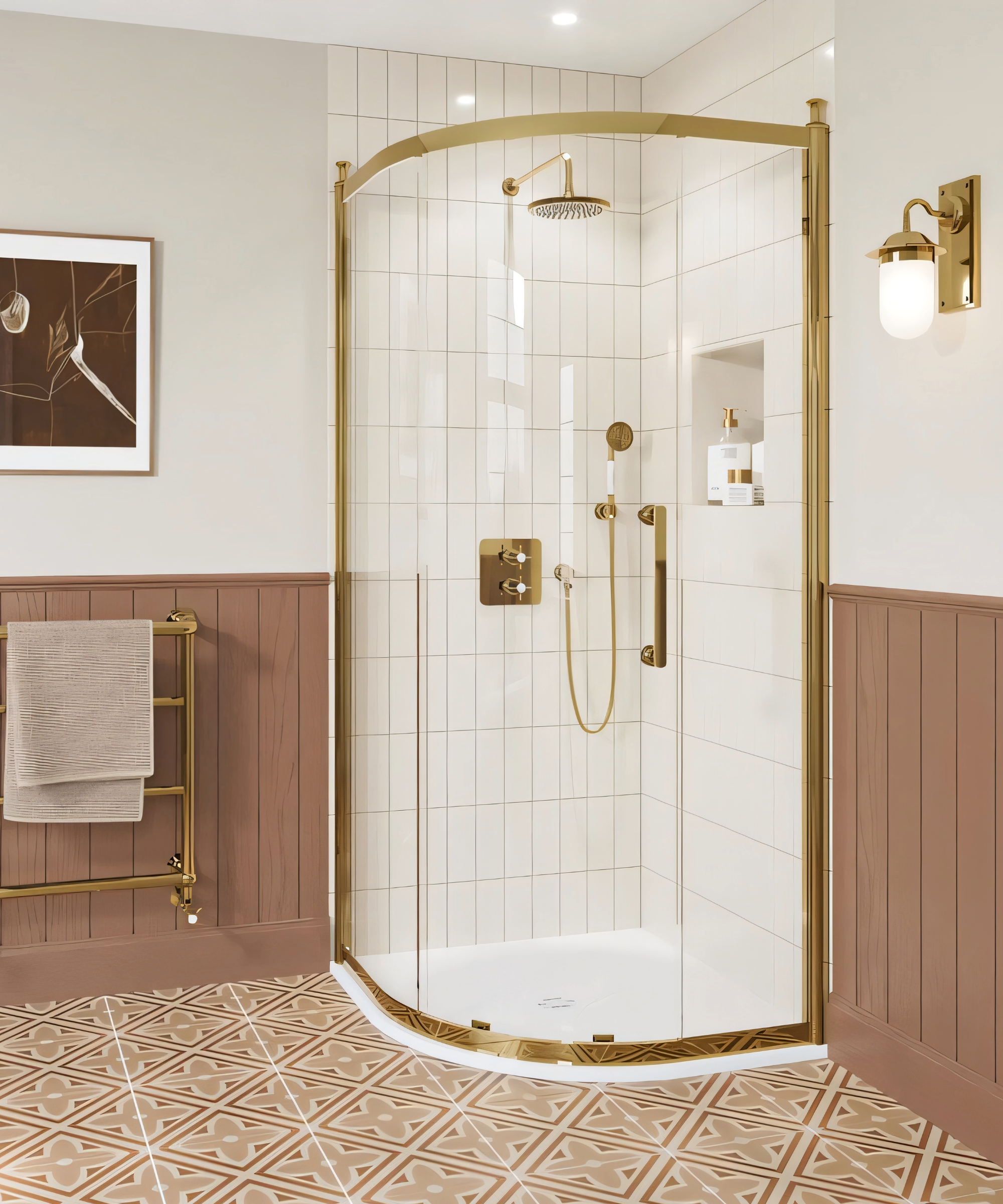 Quadrant shower enclosure with gold trim, pink paneling and patterned floor tiles
