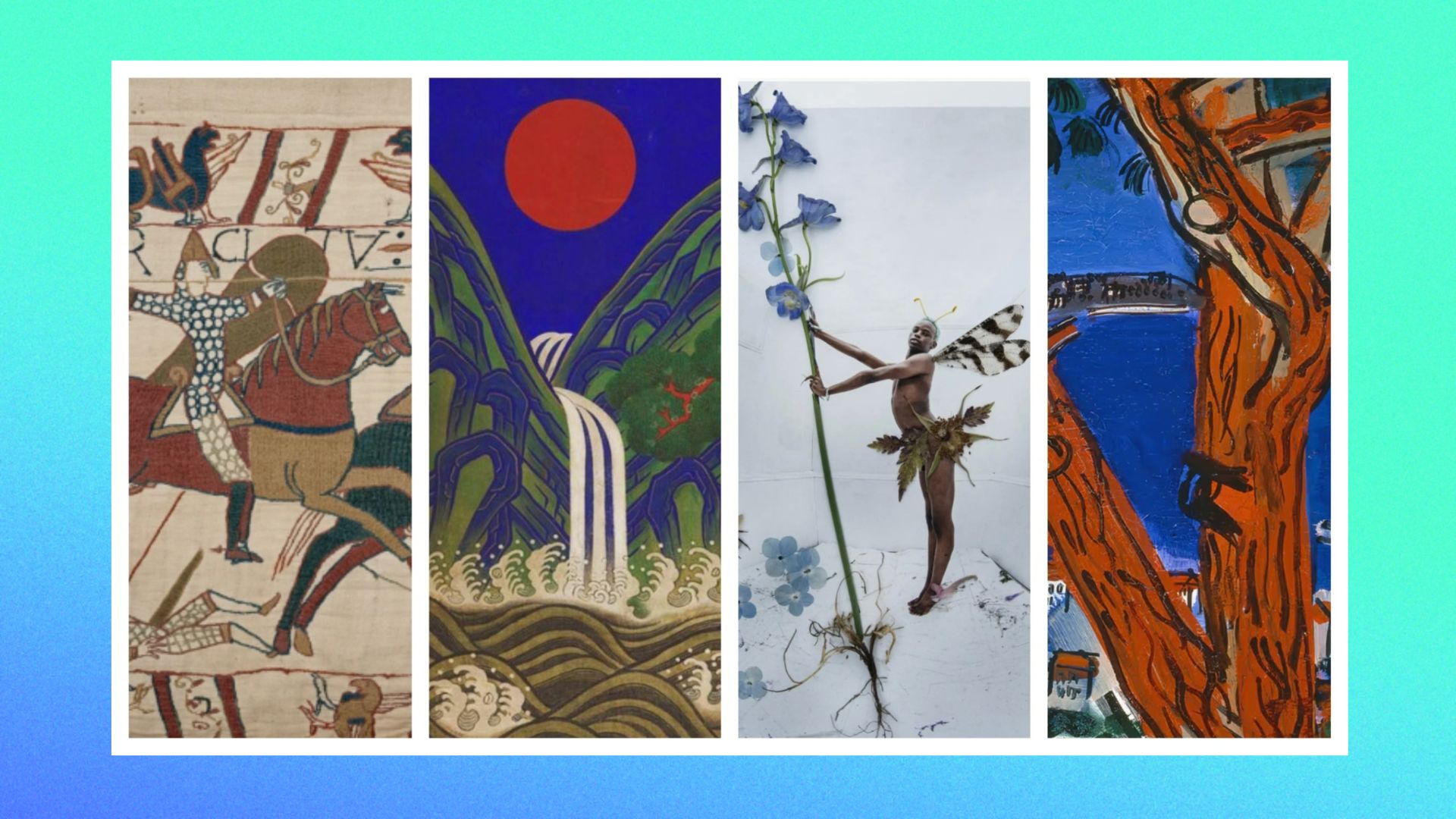 an image of four of the items from four different exhibitions, from L-R: Bayeux Tapestry, Korea, Tim Walker's Fairyland: Love and Legends, and Painting the French Riviera