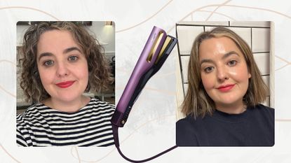 Two images of senior beauty editor Rhiannon Derbyshire - one with naturally curly hair, one with sleek straight hair, and an image of the Shark SilkiPro Straight