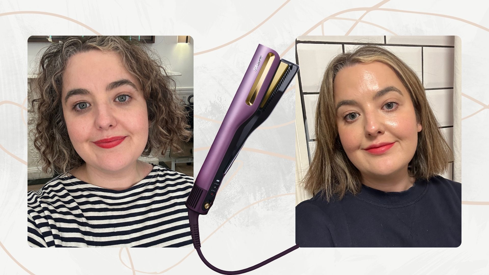 Two images of senior beauty editor Rhiannon Derbyshire - one with naturally curly hair, one with sleek straight hair, and an image of the Shark SilkiPro Straight
