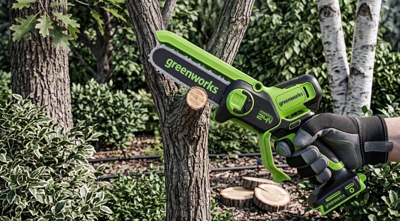 A greenworks pruning saw being used to cut off a small tree limb