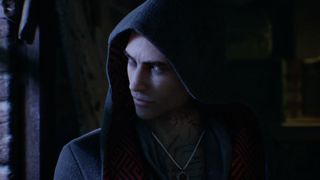 An in development screenshot of Vampire The Masquerade: Bloodlines 2, showing a hooded vampire looking into the distance.