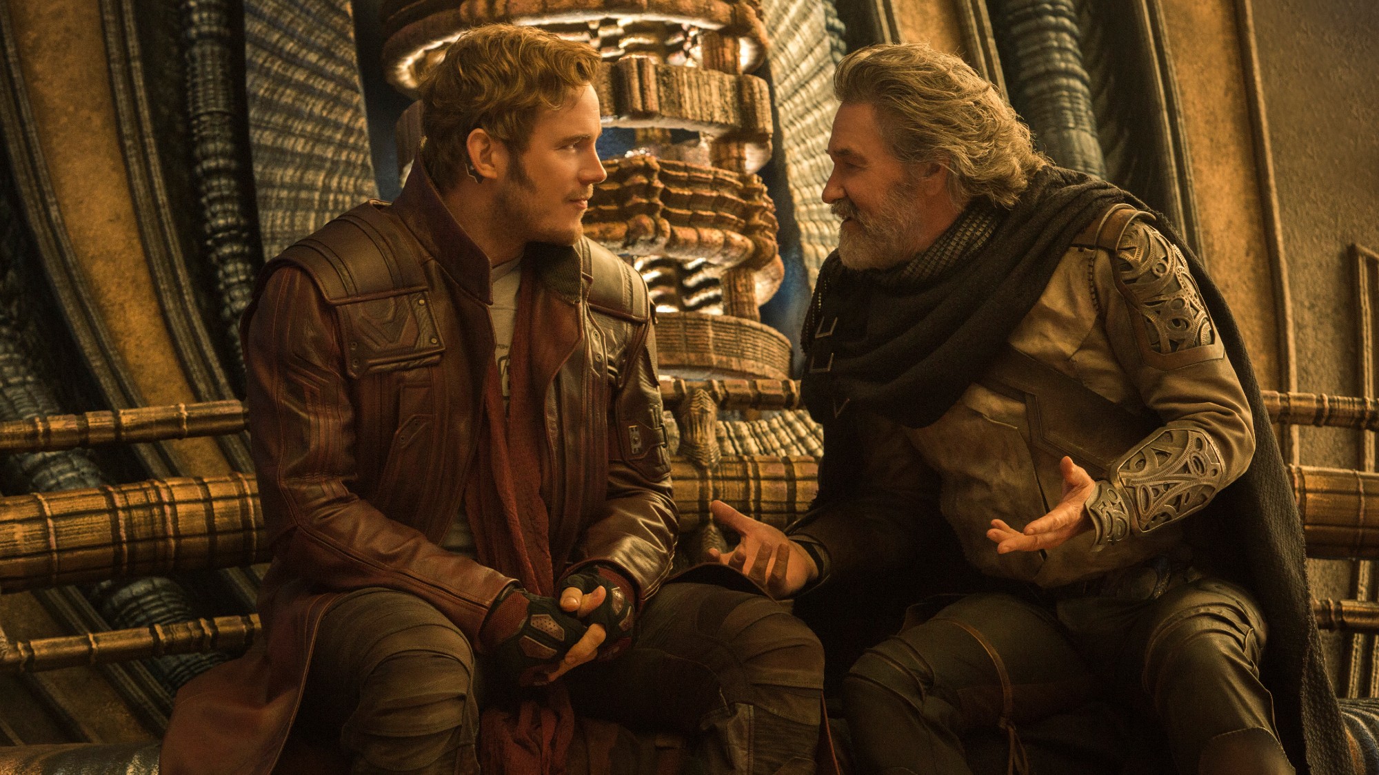 Peter Quill (Chris Pratt) and Ego (Kurt Russell) talk in Guardians of the Galaxy Vol. 2.
